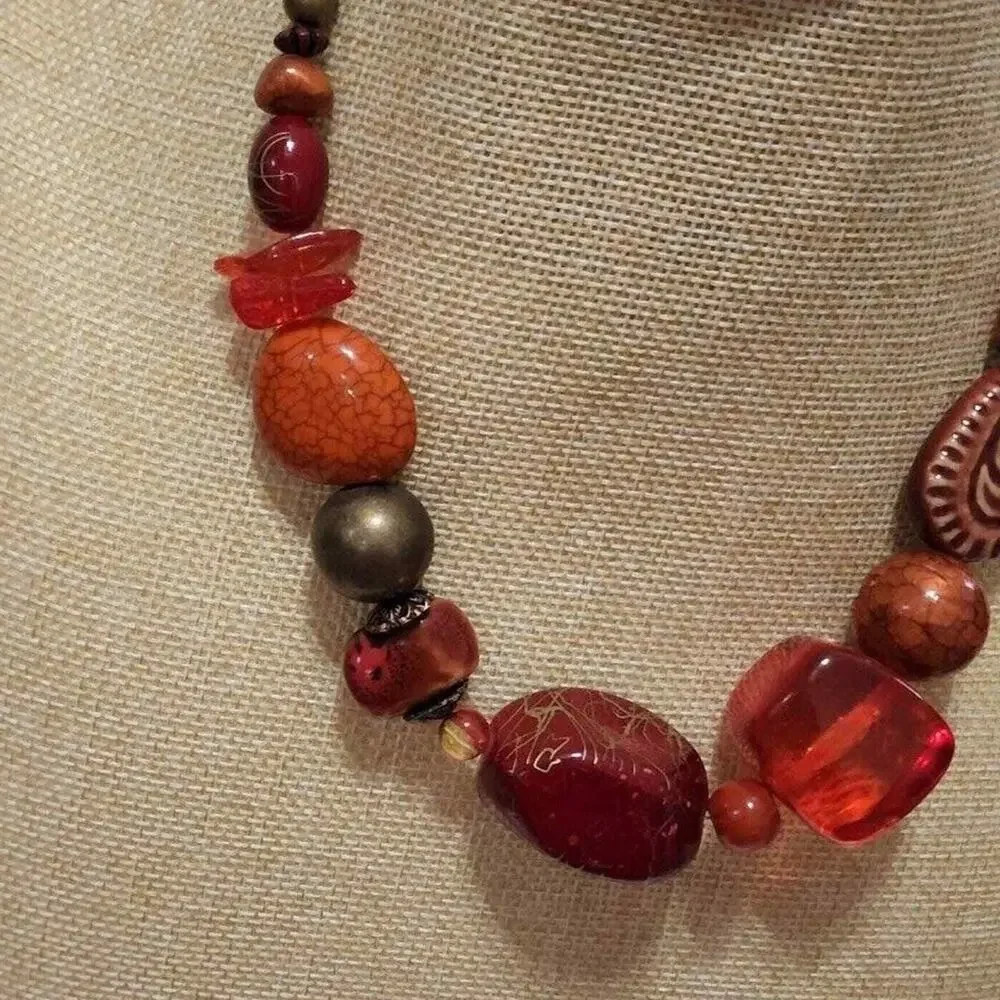 Treska Womens Chunky Beaded Statement Necklace Orange Red Bronze Earthy Boho NWT